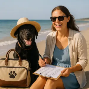 Frau am Strand schreibt Packliste für den Traumurlaub mit Hund – schwarzer Labrador mit Sonnenhut sitzt fröhlich daneben