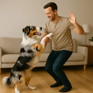 Trickdogging als Sport: Australian Shepherd steht auf den Hinterbeinen und führt gemeinsam mit seinem Besitzer eine Tricksequenz aus.