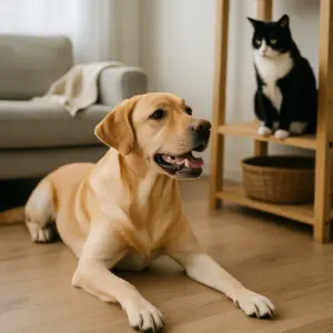 Labrador Hund liegt entspannt auf dem Boden, Katze sitzt erhöht.