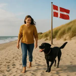 Frau spaziert barfuß mit ihrem schwarzen Labrador an einem dänischen Strand mit wehender Flagge – Urlaub in Dänemark mit Hund in Strandnähe genießen.