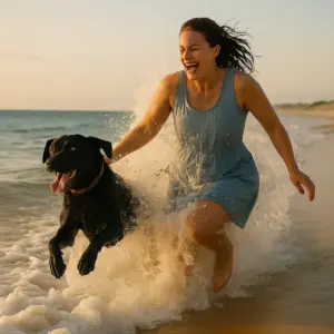 Frau springt lachend mit schwarzem Labrador in eine Meereswelle – ausgelassener Moment beim Strandurlaub mit Hund