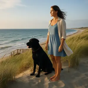 Frau mit schwarzem Labrador blickt auf die Nordsee – entspannter Urlaub mit Hund an den Dünen der Nordseeküste