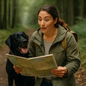 Frau mit ihrem schwarzen Labrador beim Wandern im Wald – entdeckt aufgeregt einen Ort auf der Landkarte, perfektes Symbol für Geheimtipps beim Urlaub mit Hund