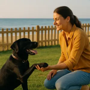 Frau trainiert mit ihrem schwarzen Labrador im eingezäunten Garten eines Ferienhauses am Meer – Urlaub mit Hund in Holland.