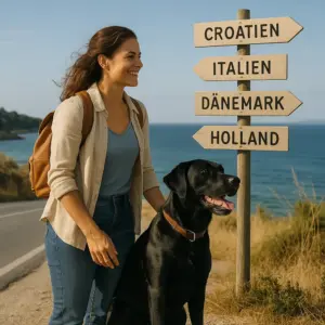Frau steht mit ihrem schwarzen Labrador an einer Küstenstraße vor Wegweisern nach Kroatien, Italien, Dänemark und Holland – Urlaub mit Hund im Ausland und Reisebestimmungen.