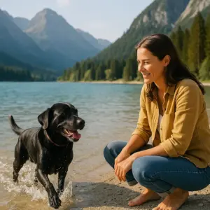 Frau verbringt mit ihrem schwarzen Labrador einen entspannten Urlaub am bayerischen Bergsee – Natururlaub mit Hund in Bayern.