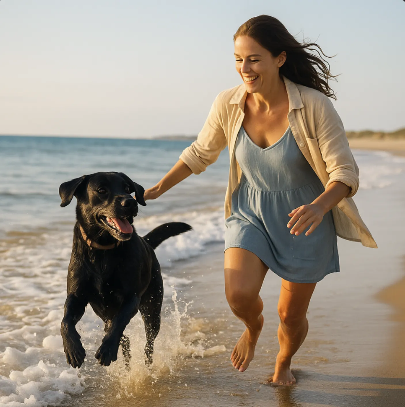 Frau läuft mit schwarzem Labrador am Strand entlang – ein Moment voller Lebensfreude beim Hundeurlaub