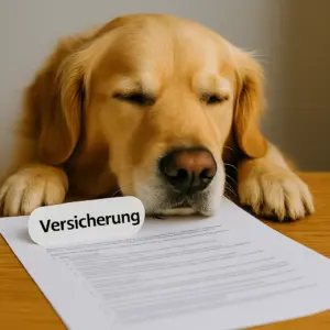 Entspannter Hund liegt mit geschlossenen Augen auf einem Versicherungsschreiben mit dem Schild „Versicherung“.