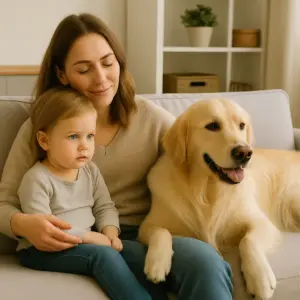 Mutter sitzt mit Kleinkind und Golden Retriever auf dem Sofa – friedliches Familienleben mit Hund