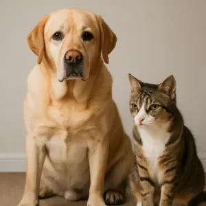 Labrador und Katze sitzen nebeneinander – symbolisches Bild für die Voraussetzungen beim Zusammenführen und Gewöhnen von Hund und Katze