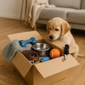 Welpe schaut neugierig in einen Umzugskarton mit Hundezubehör wie Napf, Leine, Decke und Spielzeug.