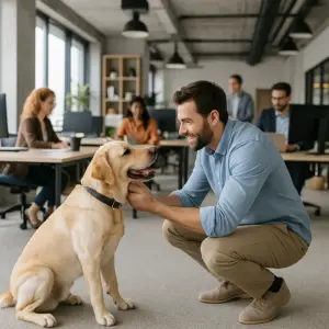 Mitarbeiter begrüßt freundlich einen Bürohund in einem modernen Großraumbüro.