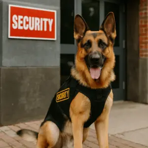 Deutscher Schäferhund in Sicherheitsweste vor einem Gebäude mit Security-Schild – Symbolbild für beruflich eingesetzte Hunde, die nicht durch eine normale Hundehaftpflichtversicherung abgedeckt sind.