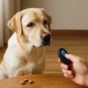 Labrador blickt konzentriert auf Clicker und Leckerlis während Clickertraining im Wohnzimmer
