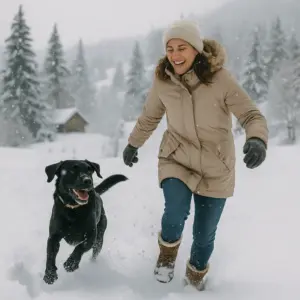 Frau spielt lachend mit ihrem schwarzen Labrador im verschneiten Winterwald – perfekter Moment für einen Winterurlaub mit Hund in den schönsten Regionen und Orten