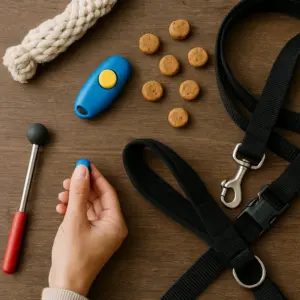 Zubehör für Clickertraining: Clicker, Leine, Leckerlis, Target-Stick und Spielzeug für Hundetraining