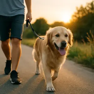 Ein Hund wird in den kühlen Abendstunden Gassi geführt – ein wichtiger Tipp, um Hunde im Sommer vor Überhitzung zu schützen.