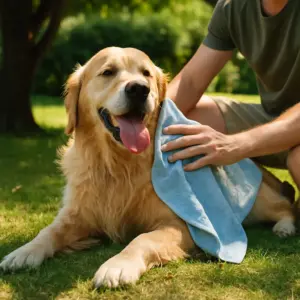 Ein Hund wird im Sommer mit einem feuchten Handtuch am Körper gekühlt