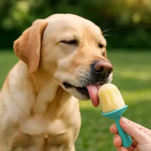 Ein Hund schleckt genüsslich an einem selbstgemachten Hundeeis