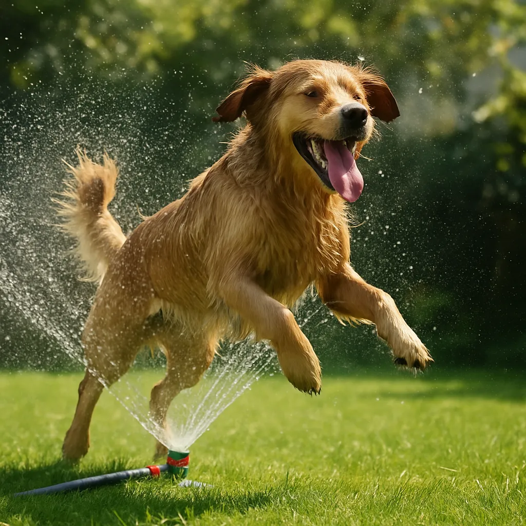 Ein nasser, fröhlicher Hund springt an einem heißen Sommertag durch einen Rasensprenger – zur Abkühlung im Garten