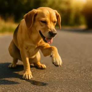 Ein Hund hebt auf heißem Asphalt die Pfote – Symbolbild für Hitzeschutz und Pfotenpflege an Sommertagen.