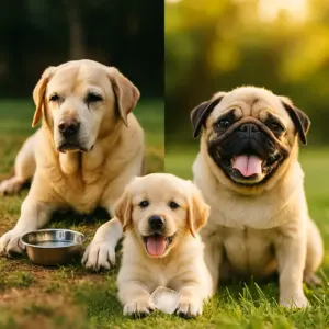 Collage aus drei Hunden: ein Senior, ein Welpe und ein brachyzephaler Mops – beispielhafte Risikogruppen, die bei Hitze besonders geschützt werden müssen.