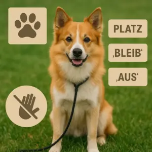 Ein Islandhund mit rot-weißem Fell sitzt aufmerksam auf einer grünen Wiese. Um ihn herum sind grafische Symbole und deutsche Kommandos wie ‚Platz‘, ‚Bleib‘ und ‚Aus‘ zu sehen. Das Bild veranschaulicht die Bedeutung strukturierter Hundeerziehung bei dieser intelligenten, aktiven Rasse